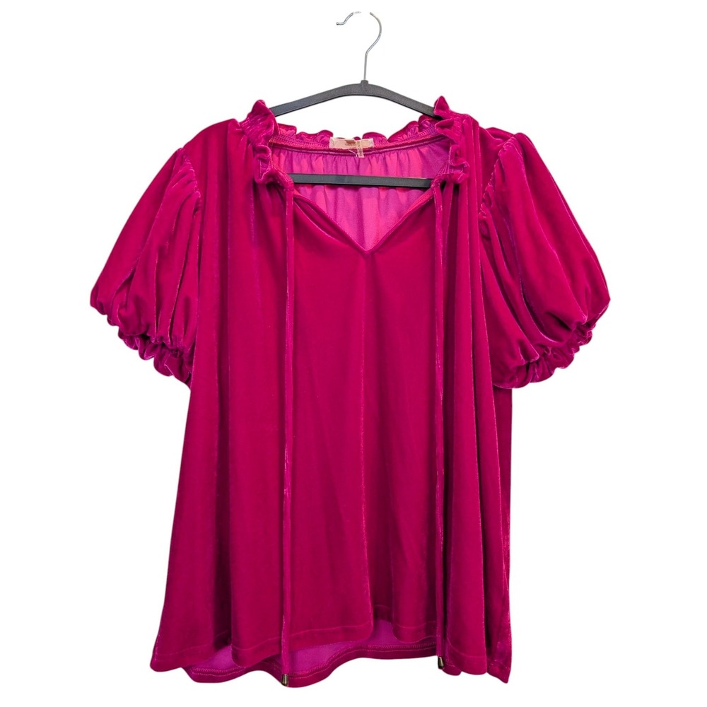 Entro Ruffle Neck Velvet Puff Sleeve Top Magenta Pink